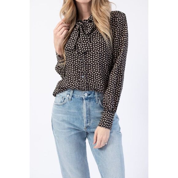 Re/Done 70s Tie Blouse in Beige and Black Croissant Print Size S - Picture 4 of 12